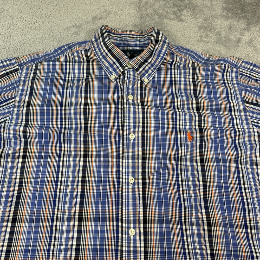Ralph Lauren Custom Fit Plaid Button Down Short Sleeve Shirt Large Blue White - Picture 3 of 7